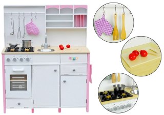 Drewniana Kuchnia Dla Dzieci Różowo Biała Paula Otwierane Elementy LEAN Toys