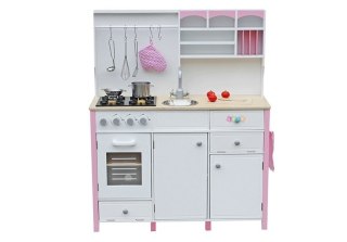 Drewniana Kuchnia Dla Dzieci Różowo Biała Paula Otwierane Elementy LEAN Toys