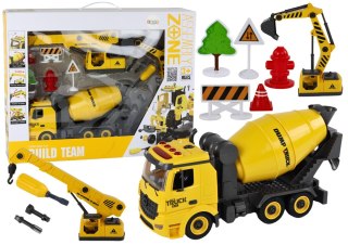 Pojazdy Budowlane Dźwięk Światła 1:12 DIY Betoniarka Dźwig Koparka LEAN Toys