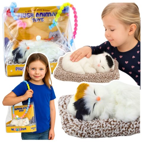 Śpiący Biały Kot Na Poduszce Figurka z Futerkiem Torba Dźwięki LEAN Toys