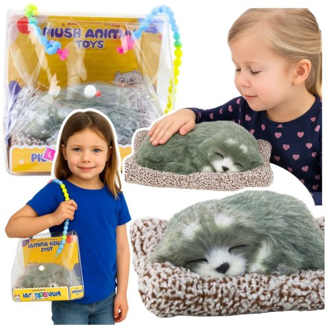 Śpiący Pies Husky Na Poduszce Figurka z Futerkiem Torba Dźwięki LEAN Toys