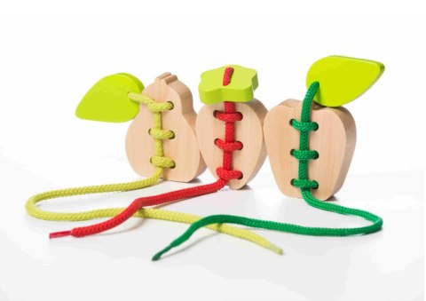 Drewniana Zabawka na sznurku Przeplatanka Owoce Gruszka Jabłko Truskawka 14811 LEAN Toys