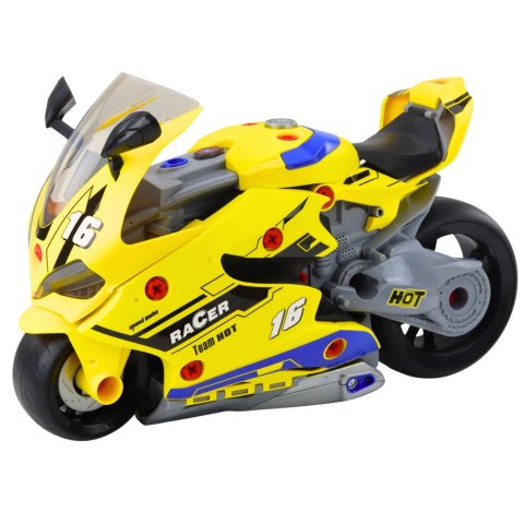 Motocykl Do Rozkręcania 2w1 DIY Warsztat Światła Dźwięki Dym Żółty 43cm LEAN Toys