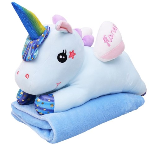 Maskotka Przytulanka Pluszowy Jednorożec Z Kocem 160x110cm Niebieski 55cm LEAN Toys