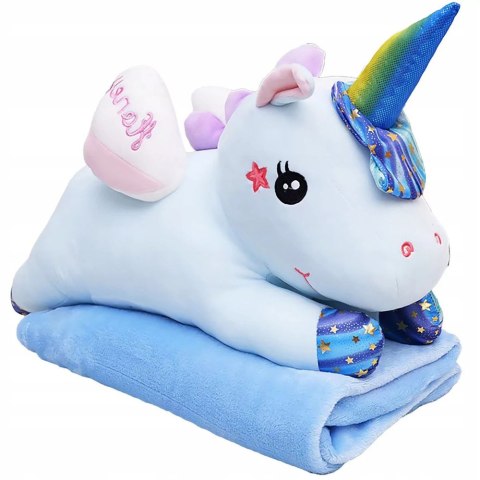 Maskotka Przytulanka Pluszowy Jednorożec Z Kocem 160x110cm Niebieski 55cm LEAN Toys