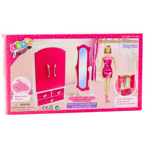 Zestaw Meble Dla Lalek Szafa Lustro Wieszaki Różowe LEAN Toys