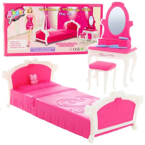 Zestaw Sypialnia Dla Lalek Toaletka Krzesełko Łóżko Różowe LEAN Toys