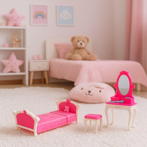 Zestaw Sypialnia Dla Lalek Toaletka Krzesełko Łóżko Różowe LEAN Toys