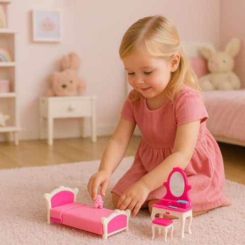 Zestaw Sypialnia Dla Lalek Toaletka Krzesełko Łóżko Różowe LEAN Toys