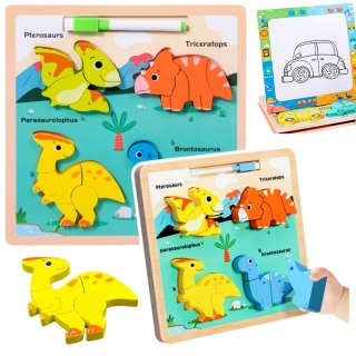 Układanka Tablica 2w1 Drewniana Edukacyjna Dinozaury Pisak LEAN TOYS