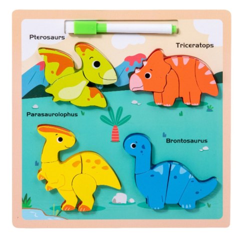Układanka Tablica 2w1 Drewniana Edukacyjna Dinozaury Pisak LEAN TOYS