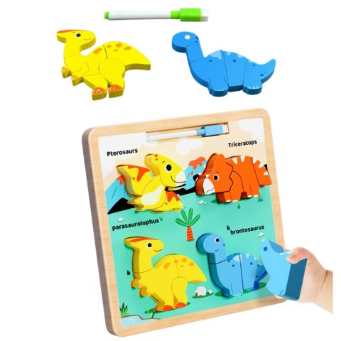 Układanka Tablica 2w1 Drewniana Edukacyjna Dinozaury Pisak LEAN TOYS