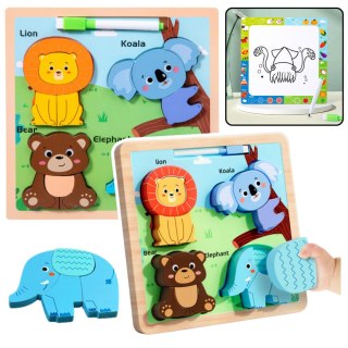 Układanka Tablica 2w1 Drewniana Edukacyjna Dzikie Zwierzęta Pisak LEAN TOYS