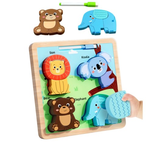 Układanka Tablica 2w1 Drewniana Edukacyjna Dzikie Zwierzęta Pisak LEAN TOYS