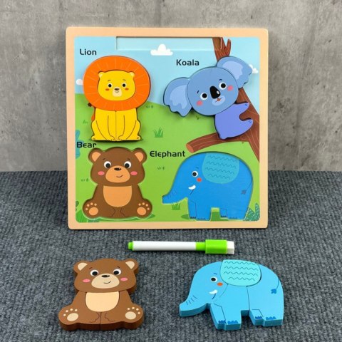 Układanka Tablica 2w1 Drewniana Edukacyjna Dzikie Zwierzęta Pisak LEAN TOYS