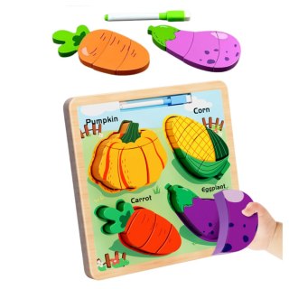 Układanka Tablica 2w1 Drewniana Edukacyjna Warzywa Pisak LEAN TOYS