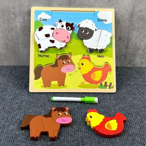 Układanka Tablica 2w1 Drewniana Edukacyjna Zwierzęta Domowe Pisak LEAN TOYS