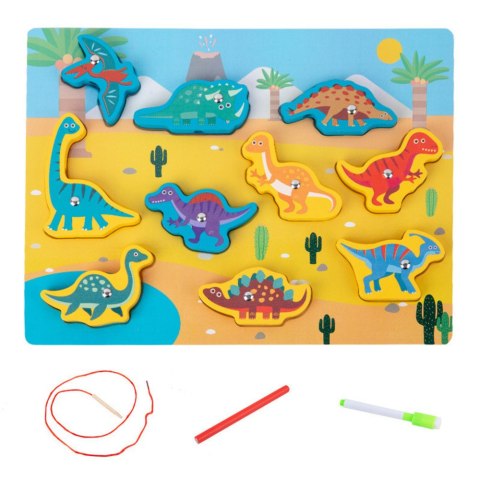 Układanka Drewniana Magnesy Sznurek Do Przeplatania Dinozaury LEAN Toys