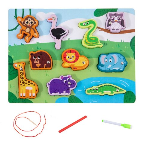 Układanka Drewniana Magnesy Sznurek Do Przeplatania Zwierzątka LEAN Toys