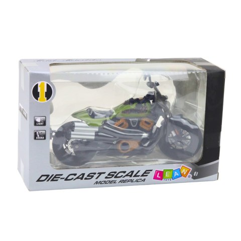 Motocykl Chopper Metalowy Światła Dźwięki Czarny Zielone Elementy 1:12 LEAN Toys