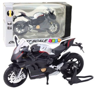 Motocykl Sportowy Metalowy Światła Dźwięki Srebrne Elementy Czarny V4 1:12 LEAN Toys