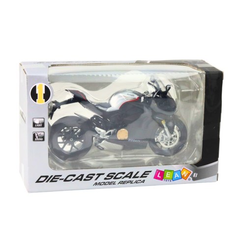 Motocykl Sportowy Metalowy Światła Dźwięki Srebrne Elementy Czarny V4 1:12 LEAN Toys