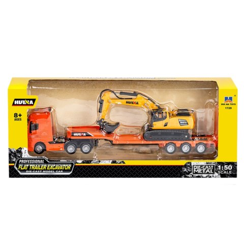 Ciężarówka z Naczepą Laweta Koparka Metalowa Huina Pomarańczowa 1:50 HUINA