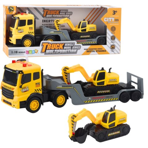 Ciężarówka Laweta Z Koparką Gąsienicową Obrotowa 360° Żółta 1:16 LEAN Toys