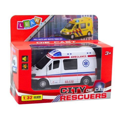 Karetka Ambulans Metalowy Z Napędem Pull Back Światła Dźwięki Biały 1:32 LEAN Toys