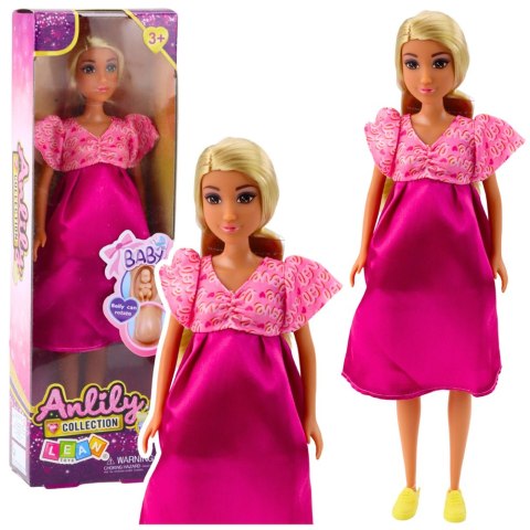 Lalka Anlily W Ciąży Różowa Sukienka Satynowa Długie Włosy LEAN Toys