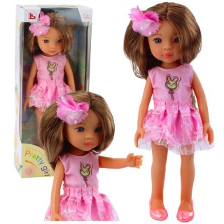 Lalka W Różowej Sukience Długie Brązowe Włosy Spinka Kwiat LEAN Toys