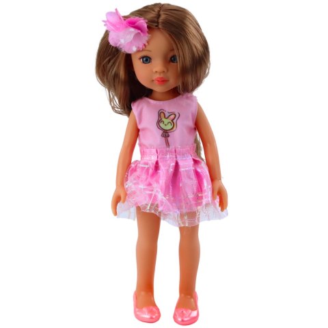 Lalka W Różowej Sukience Długie Brązowe Włosy Spinka Kwiat LEAN Toys