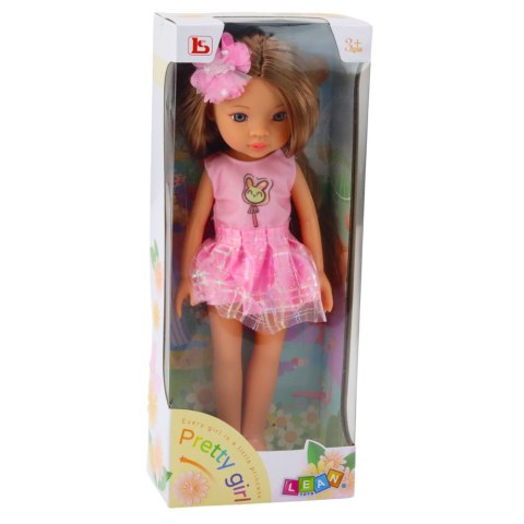 Lalka W Różowej Sukience Długie Brązowe Włosy Spinka Kwiat LEAN Toys