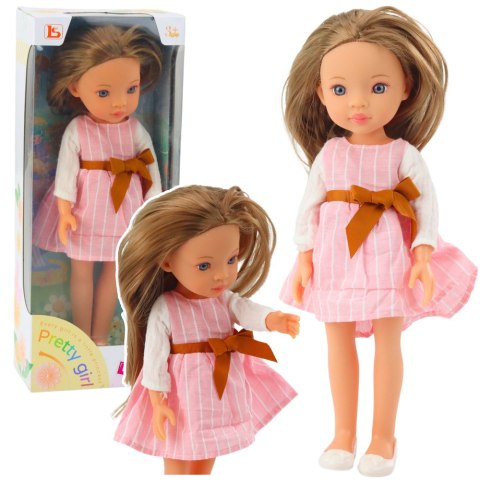 Lalka W Różowej Sukience z Kokardą Długie Brązowe Włosy LEAN Toys