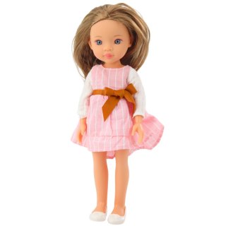 Lalka W Różowej Sukience z Kokardą Długie Brązowe Włosy LEAN Toys