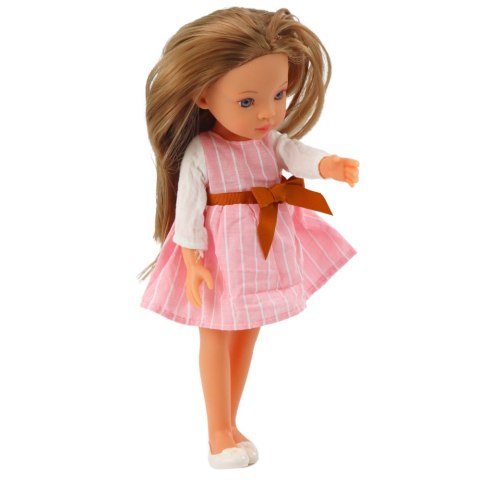 Lalka W Różowej Sukience z Kokardą Długie Brązowe Włosy LEAN Toys