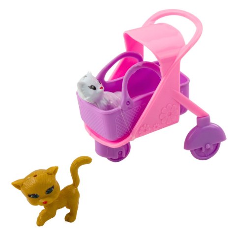 Mini Lalka Z Akcesoriami Wózek Kotki Zestaw Laleczka Różowa LEAN Toys