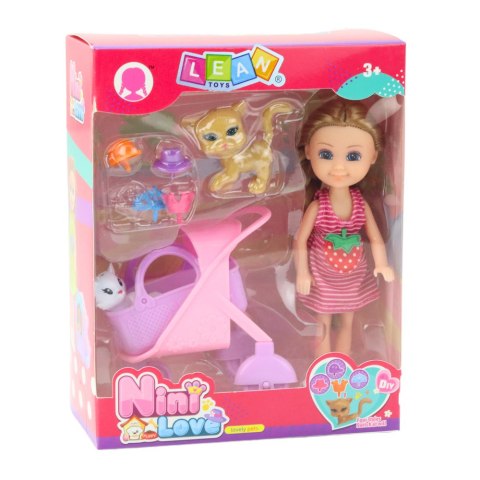 Mini Lalka Z Akcesoriami Wózek Kotki Zestaw Laleczka Różowa LEAN Toys