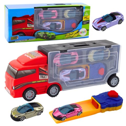 Ciężarówka z Garażem Z Autkami Wyrzutnia 3szt Czerwona LEAN Toys