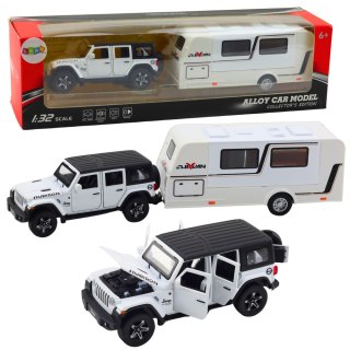 Zestaw Auto Terenowe Kamper Metalowe Napęd Światła Dźwięki Biały 1:32 LEAN Toys
