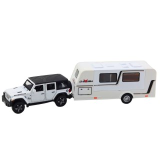 Zestaw Auto Terenowe Kamper Metalowe Napęd Światła Dźwięki Biały 1:32 LEAN Toys