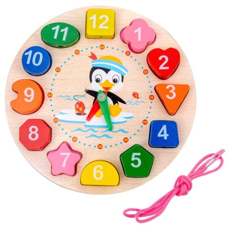 Drewniany Zegar Edukacyjny Montessori Nauka Godzin Klocki Do Nawlekania LEAN TOYS