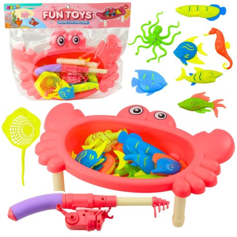 Zestaw Do Łowienia Rybek Stolik Krab 10 Rybek Wędka Sitko Różowy LEAN Toys