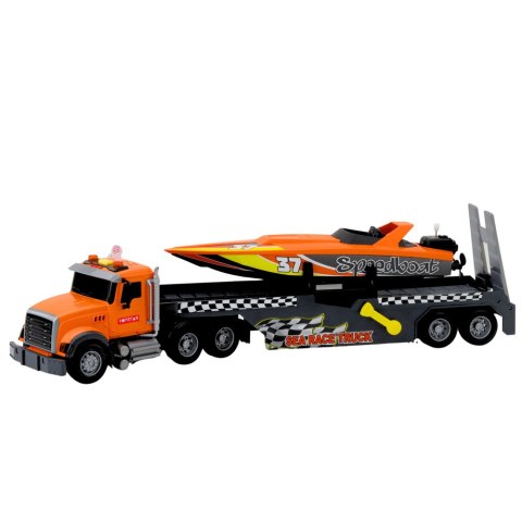 Zestaw Ciężarówka z Nakręcaną Motorówką Światła Dźwięki Pomarańczowa LEAN Toys