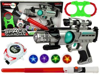 Zestaw Wojownika Kosmosu Pistolet Laserowy Miecz Świetlny Kajdanki Miotacz Dysków LEAN Toys