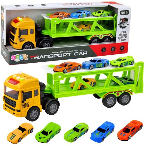 Ciężarówka Transportowa Laweta Lora Z Autkami Światła Dźwięki Zielona LEAN Toys
