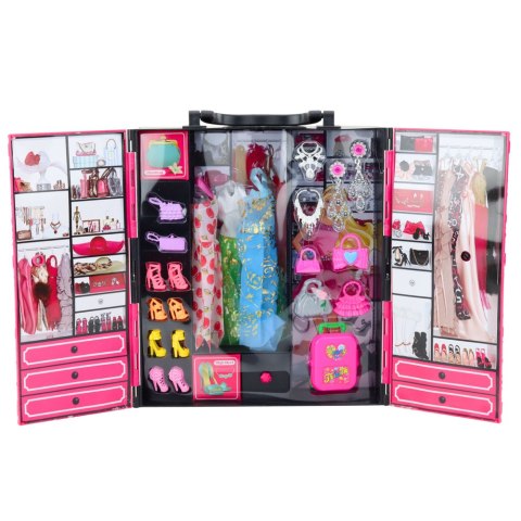 Zestaw Lalka Różowa Szafa Garderoba Dla Lalek Sukienki Buty Akcesoria LEAN Toys