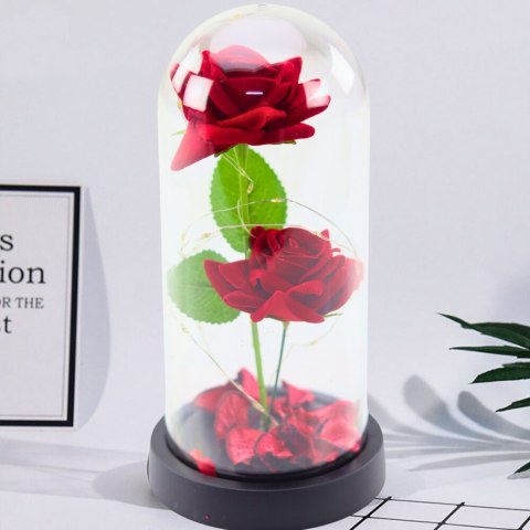Wieczne 2 Róże w Kopule z Oświetleniem LED i Płatkami Róż Czerwone 21x11cm LEAN
