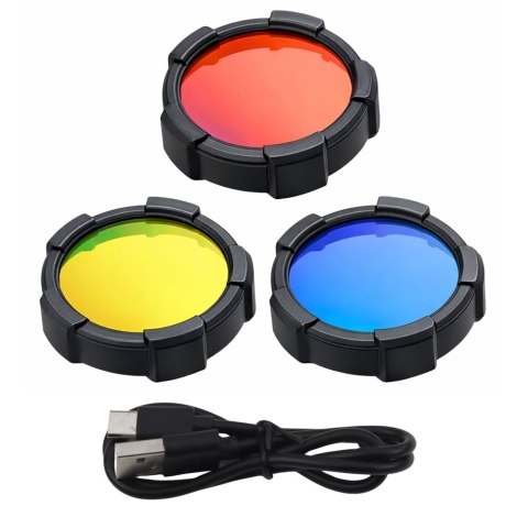 Latarka LED Szperacz Solarna 6 Trybów Powerbank Wymienne Filtry 19 cm LEAN