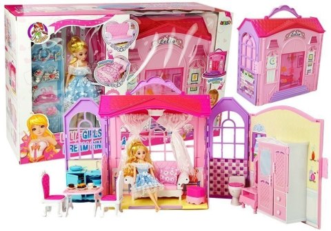 Rozkładany Domek dla Lalek Lalka Blondynka z Akcesoriami Kuchnia Toaleta Sypialnia w Walizce LEAN Toys